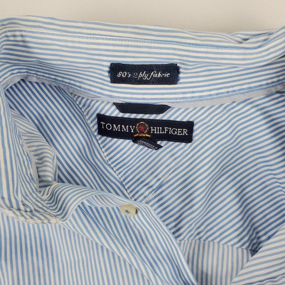 Tommy Hilfiger Mens Y2K Shirt Long Sleeve Button Up Striped White Blue Size L - Picture 2 of 8